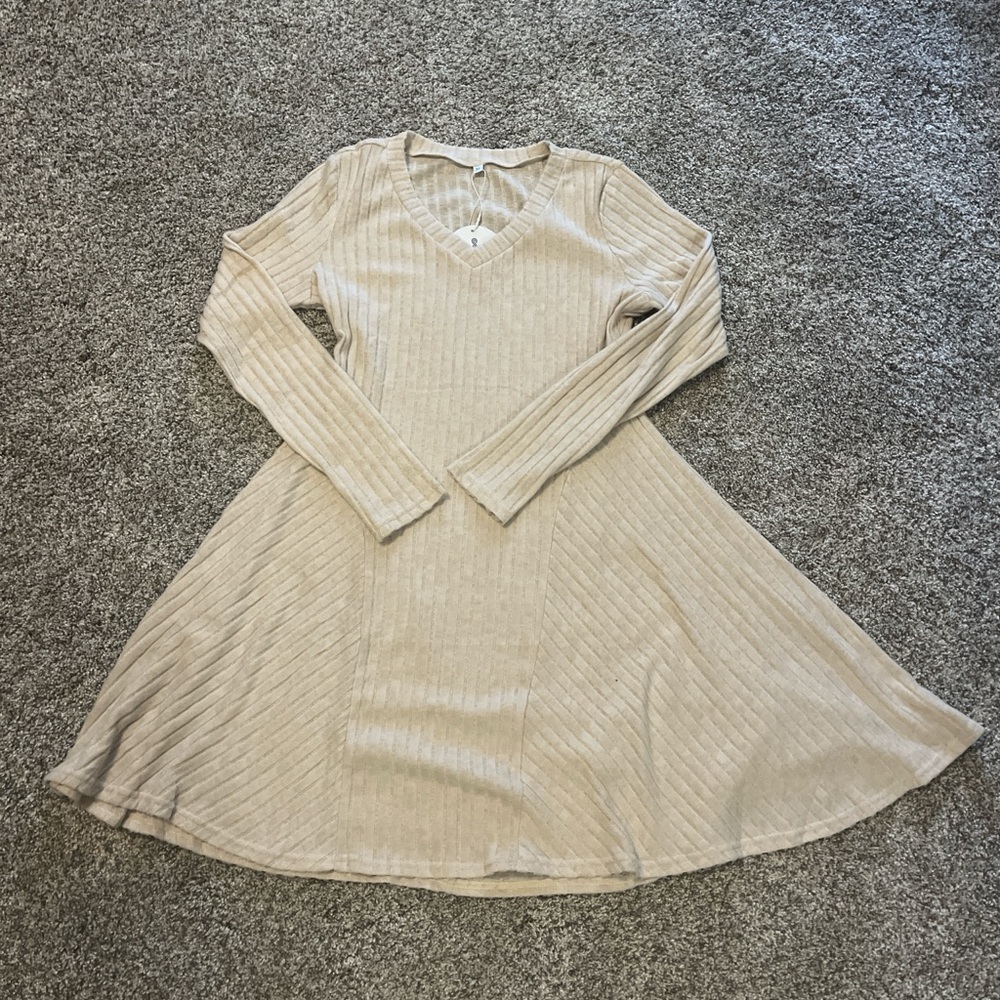Beige Ribbed Knit Dress